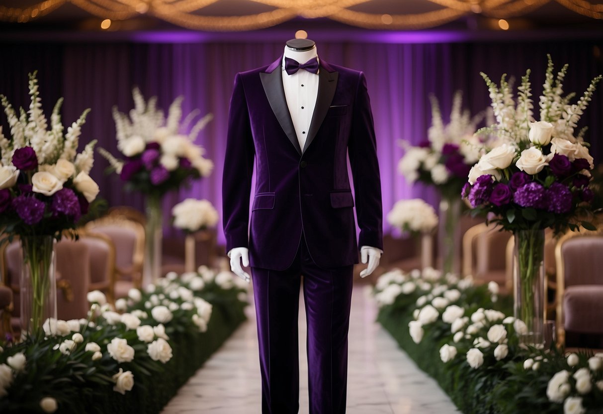 A classic velvet blazer and trousers in deep purple, set against a backdrop of elegant wedding decor and floral arrangements