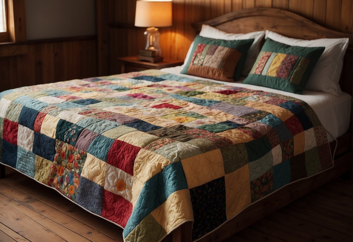 A cozy patchwork quilt drapes over a rustic wooden bed frame, adorned with personalized embroidery and intricate stitching