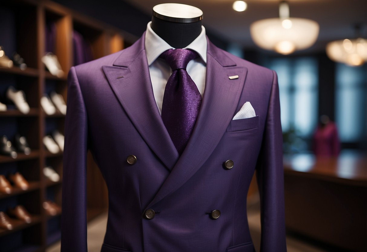 A modern double-breasted suit in rich purple, with sleek lines and luxurious fabric, standing on a tailor's mannequin