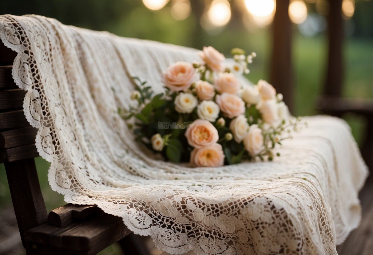 A vintage-inspired lace quilt draped over a rustic wooden bench, with soft lighting and delicate floral accents