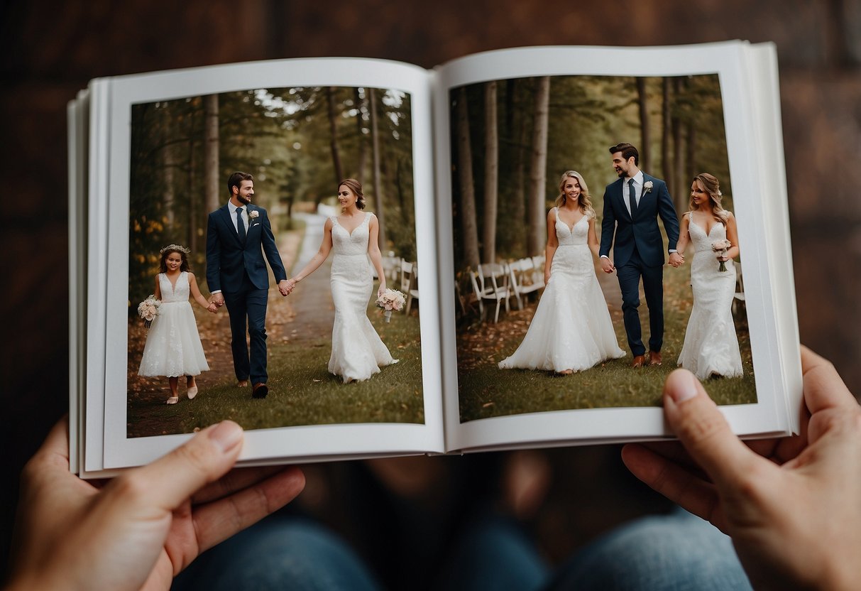 A couple's hands holding a personalized photo album with wedding photos