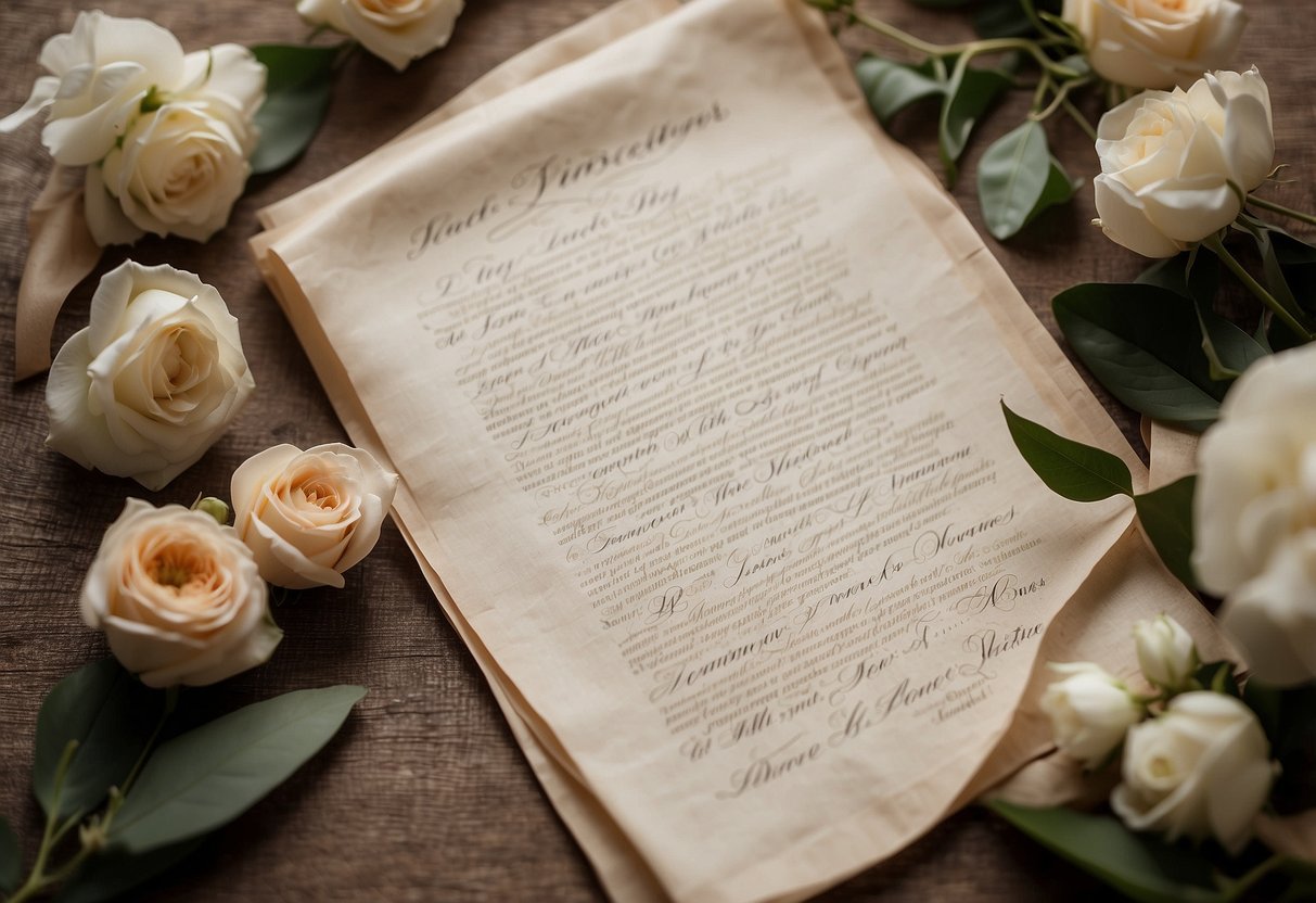 A couple's personalized wedding vows written on a vintage-looking parchment, surrounded by delicate floral arrangements and elegant calligraphy