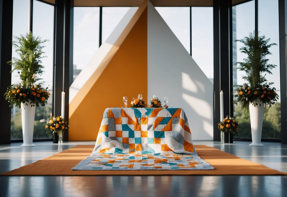 A modern geometric quilt draped over a sleek, minimalist wedding altar, with clean lines and bold colors