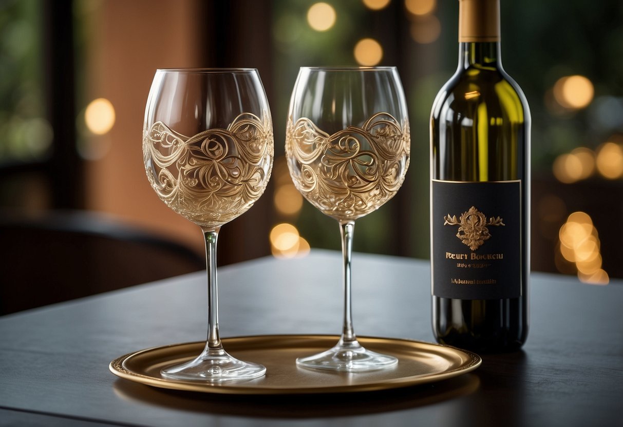 Two wine glasses engraved with elegant designs, displayed on a table with a bottle of wine and a ribbon