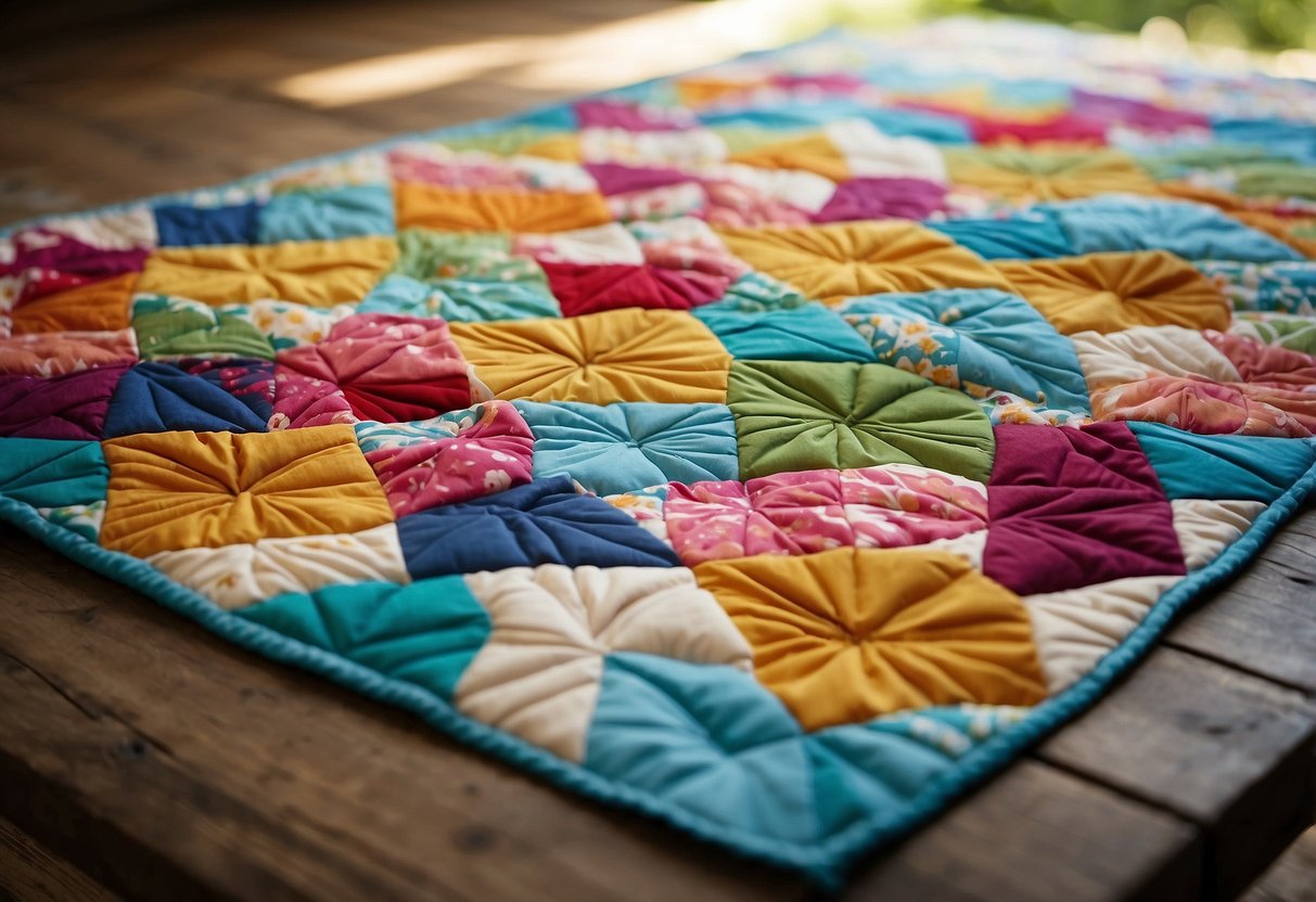 A colorful quilt with intricate floral appliqué designs, laid out on a rustic wooden table with soft sunlight streaming in from a nearby window