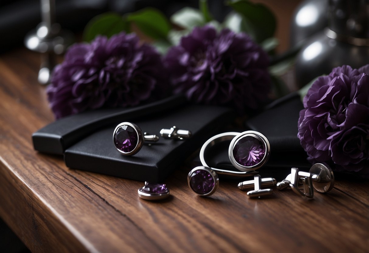 A dark plum tuxedo hangs on a sleek wooden hanger, surrounded by deep purple floral arrangements and elegant silver cufflinks