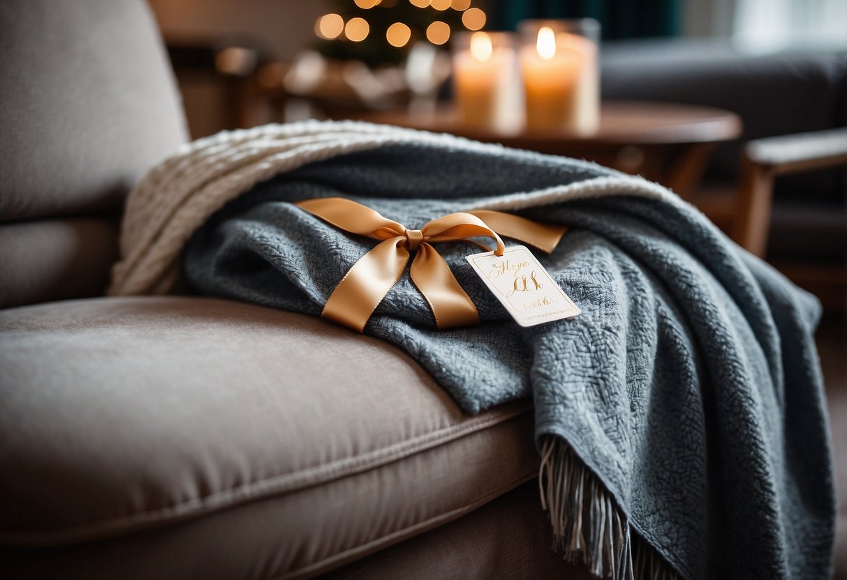 A cozy monogrammed throw blanket draped over a sofa, with a ribbon and gift tag attached