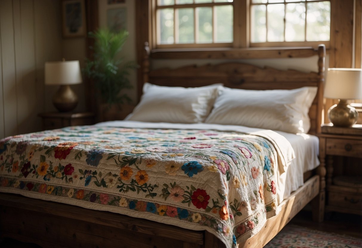 A beautifully embroidered quilt draped over a rustic wooden bed frame, with soft natural light filtering through a nearby window, casting gentle shadows on the intricate stitching