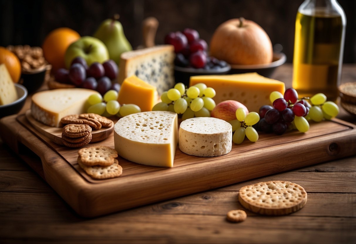 A wooden cheese board set with personalized engraving sits on a rustic table, surrounded by various cheeses, fruits, and crackers