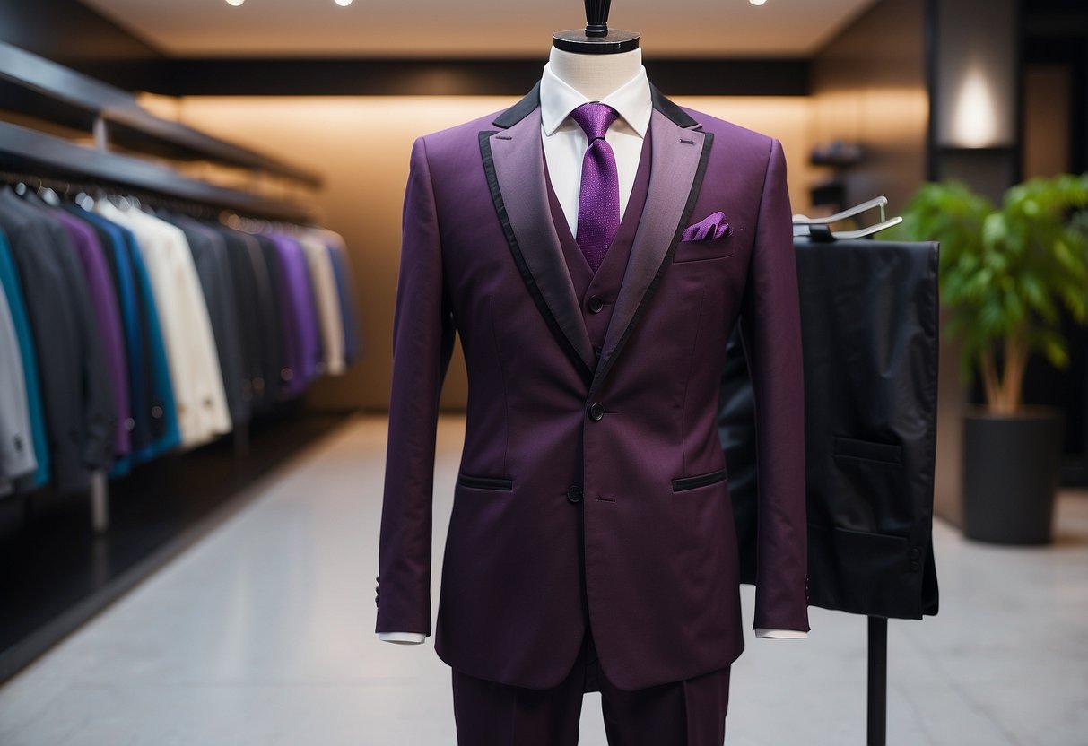 A grape-colored tuxedo hangs on a sleek mannequin, with a matching tie and pocket square displayed nearby