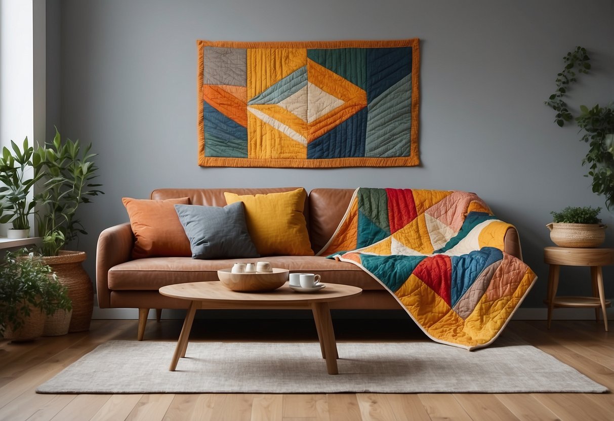 A cozy living room with a large, colorful Scandinavian design quilt draped over a rustic wooden couch, surrounded by minimalist decor and soft, natural lighting