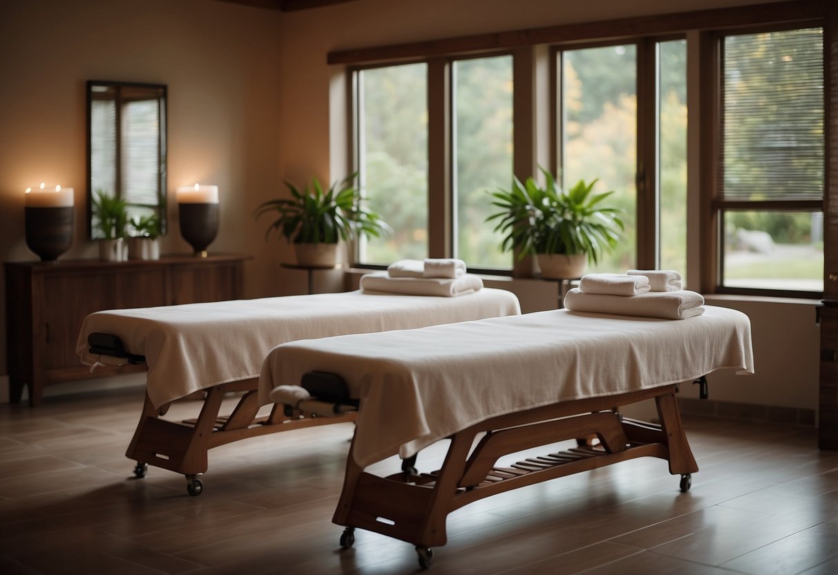 A serene spa room with two massage tables, soft lighting, and soothing music. A voucher for a couples' spa day is prominently displayed on a beautifully decorated table