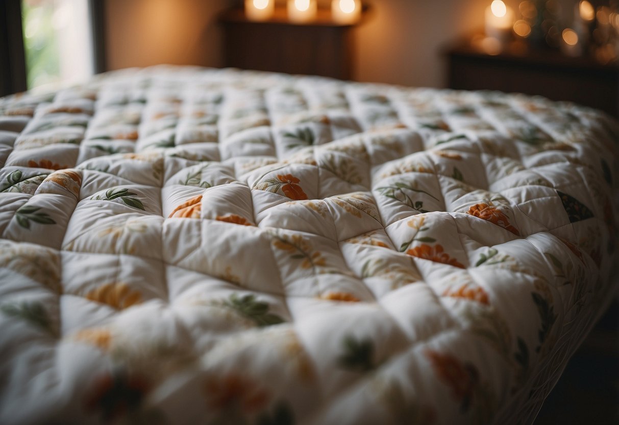 A cozy wedding quilt made of organic cotton, adorned with eco-friendly designs and patterns, creating a warm and sustainable atmosphere