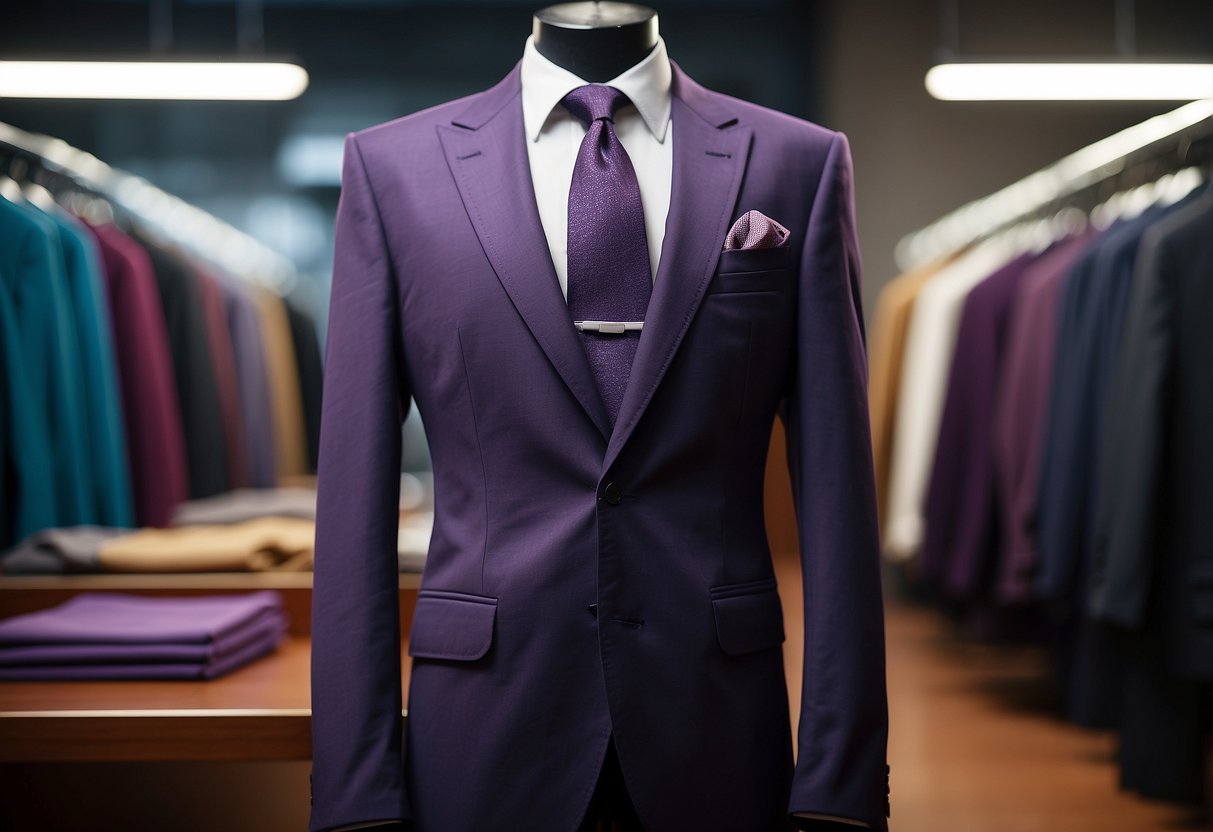 An elegant eggplant suit hangs on a tailor's mannequin, surrounded by swatches of coordinating fabric