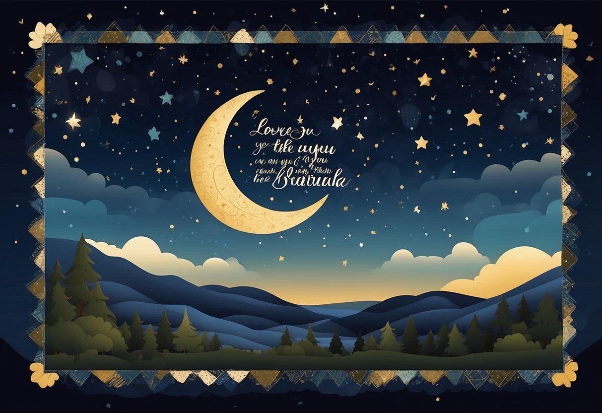 A quilt with a night sky background, featuring a large crescent moon and stars, with the quote "Love You to the Moon and Back" in elegant script