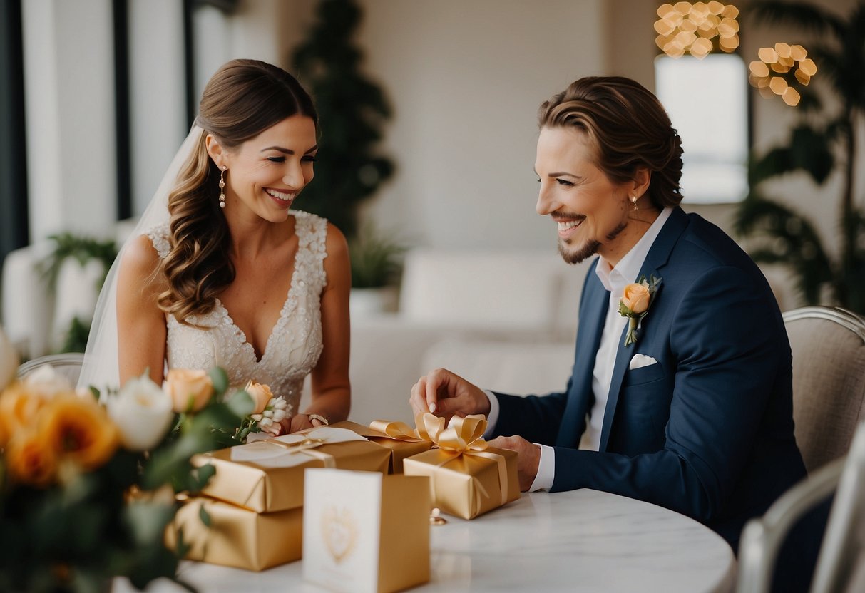 A bride and groom exchange budget-friendly wedding gifts with sincere smiles, surrounded by loved ones