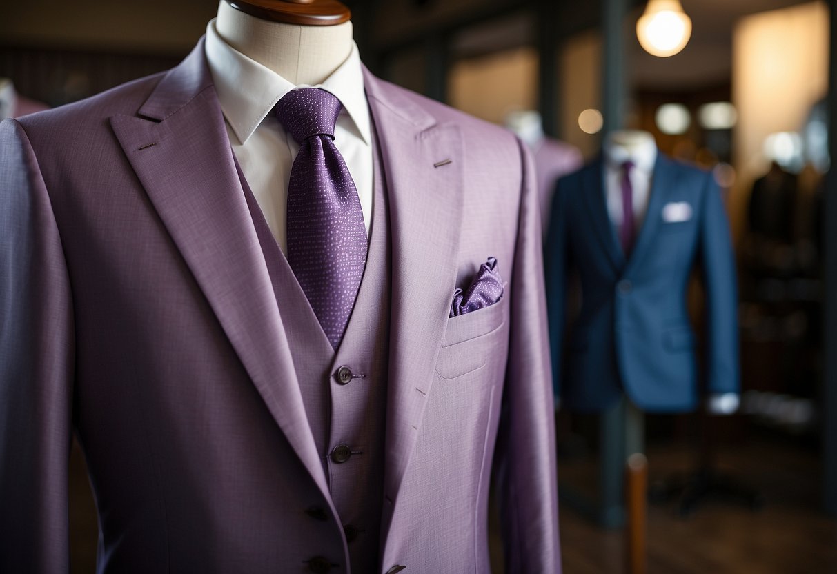 A mauve three-piece suit hangs on a tailor's mannequin, accented with a matching tie and pocket square