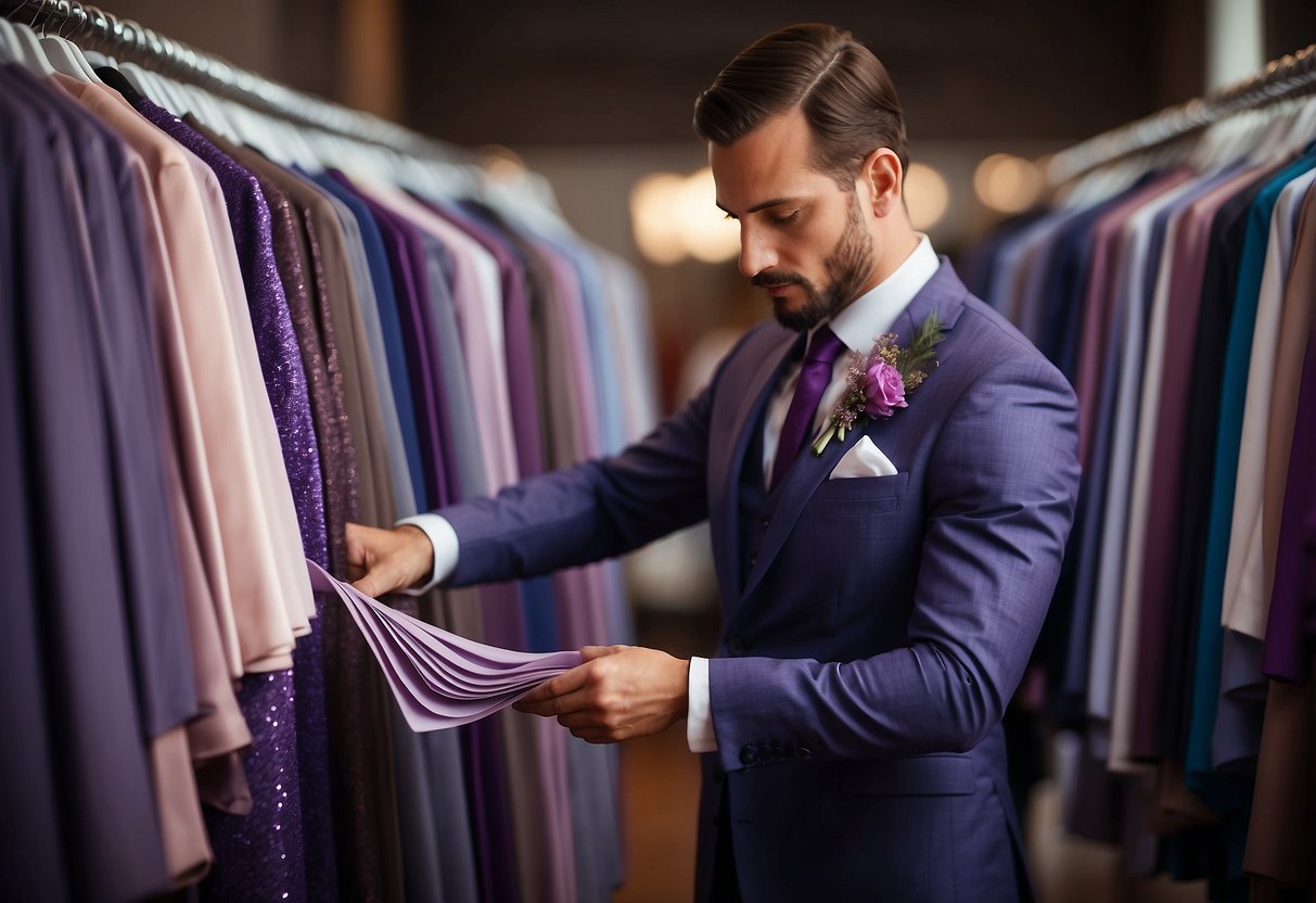 A groom browsing through swatches of purple fabric, contemplating different shades for his wedding suit