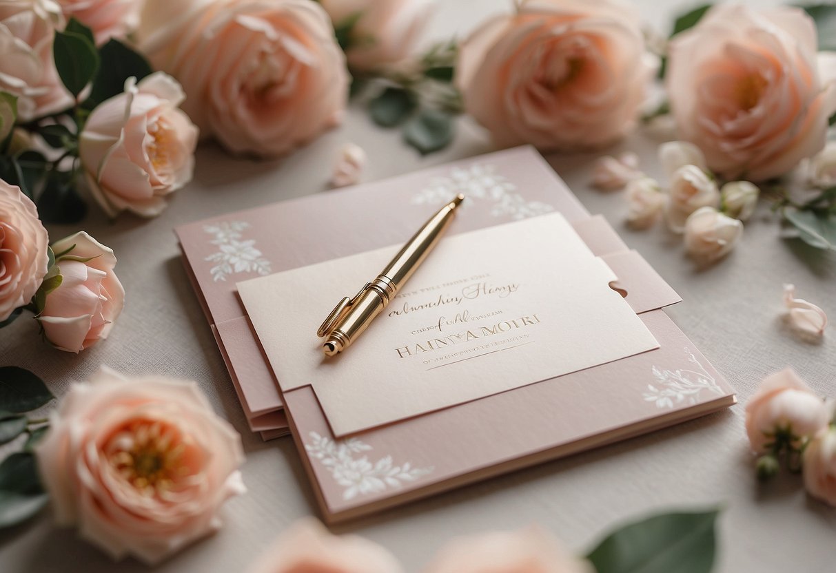 A wedding card being filled with a delicate pen, surrounded by floral decorations and a soft, romantic color palette