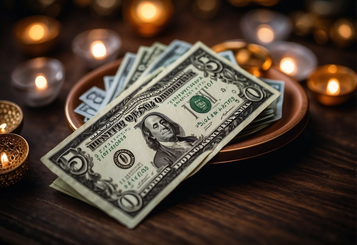 A wedding card with $50 bill inside, surrounded by decorative elements