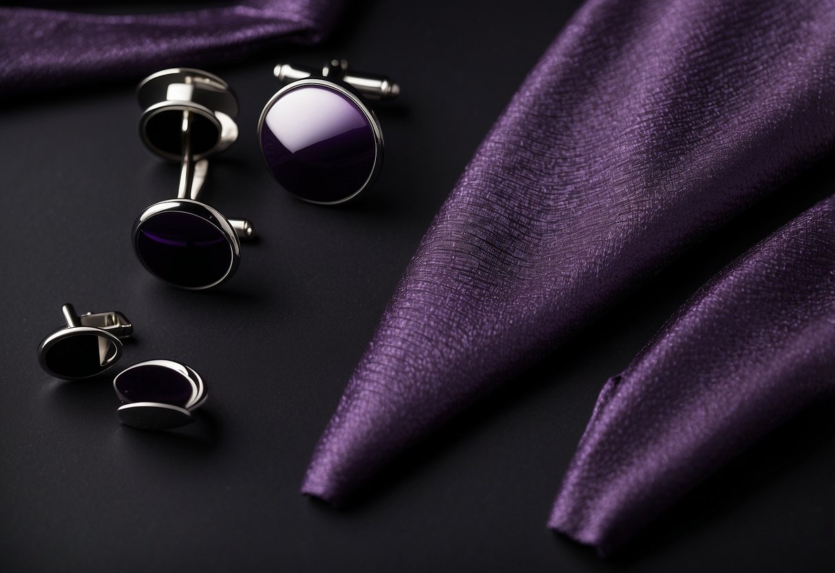 A purple suit laid out with matching tie, pocket square, and cufflinks on a sleek black table