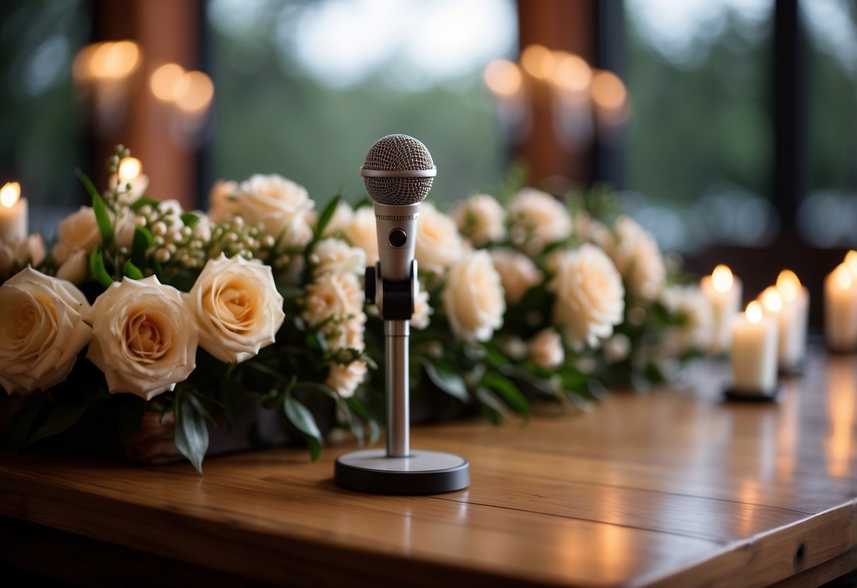 A lone microphone stands on a wooden podium, surrounded by soft candlelight and delicate floral arrangements