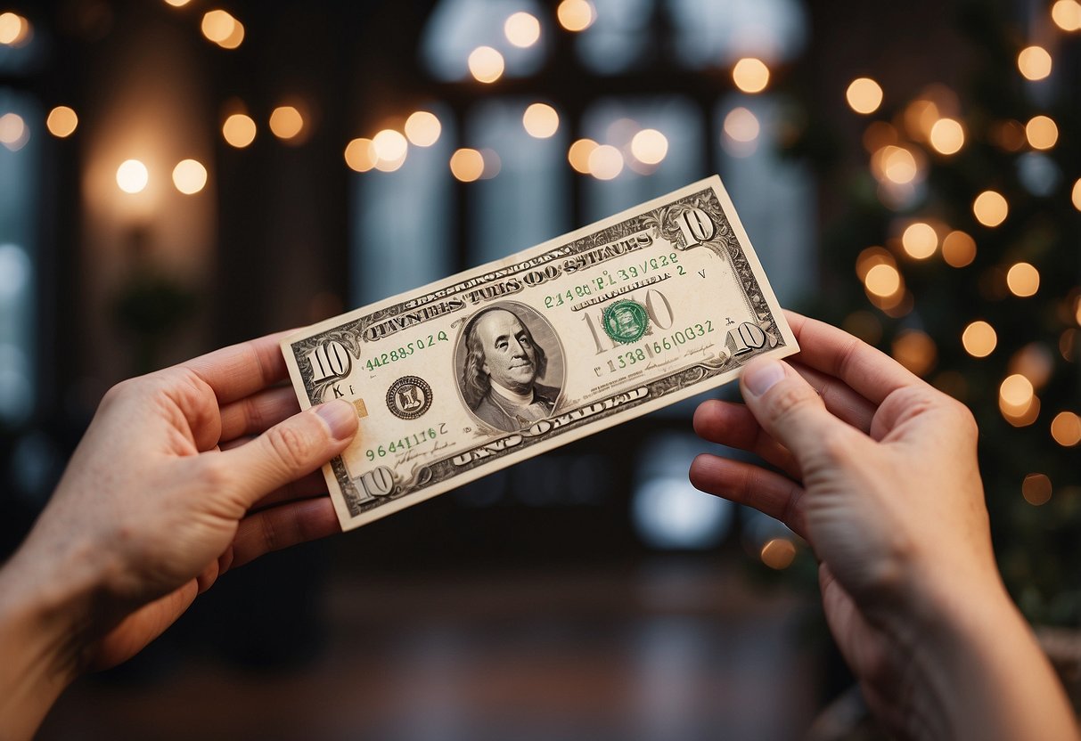 A hand holding a wedding card with $100 bill inside, surrounded by festive decorations