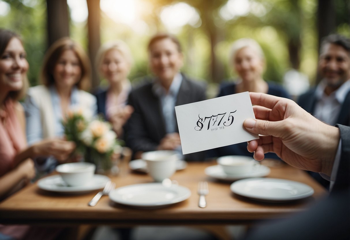 A hand holding a wedding card with "$75" written on it, surrounded by coworkers