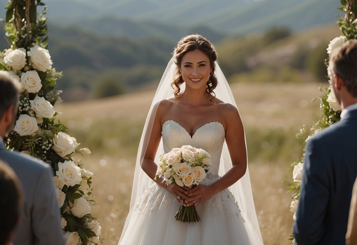 A bride stands at the altar, holding her vows in one hand and a bouquet in the other. She looks lovingly at her partner as she begins to speak