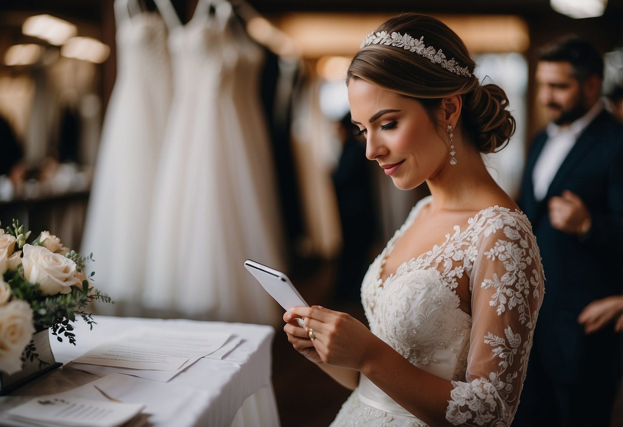 Bride with checklist, booking vendors, finalizing guest list, and attending dress fittings