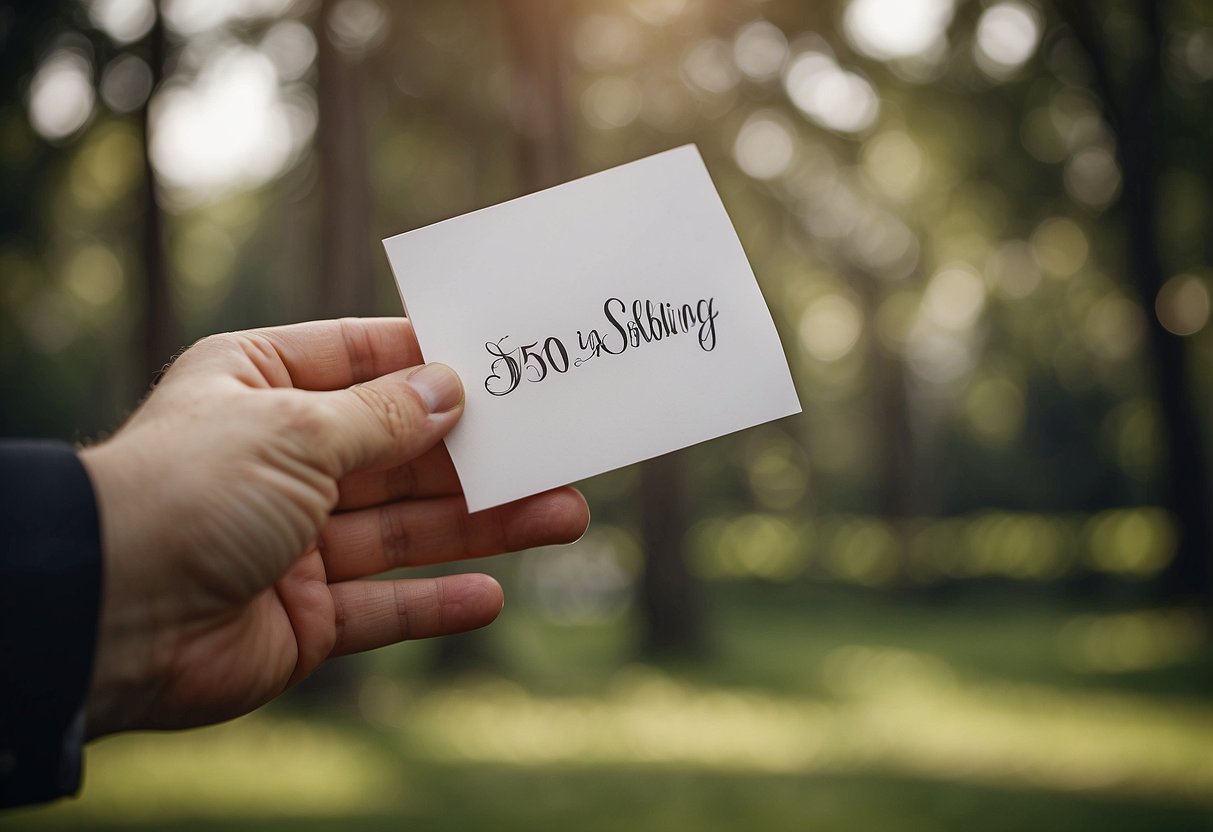 A hand holding a wedding card with "$150 for a sibling" written inside