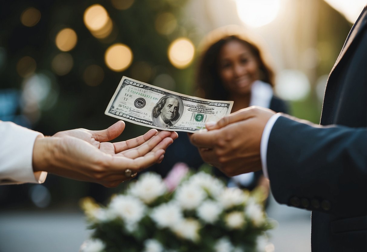 Two friends exchanging $200 bill for a wedding card