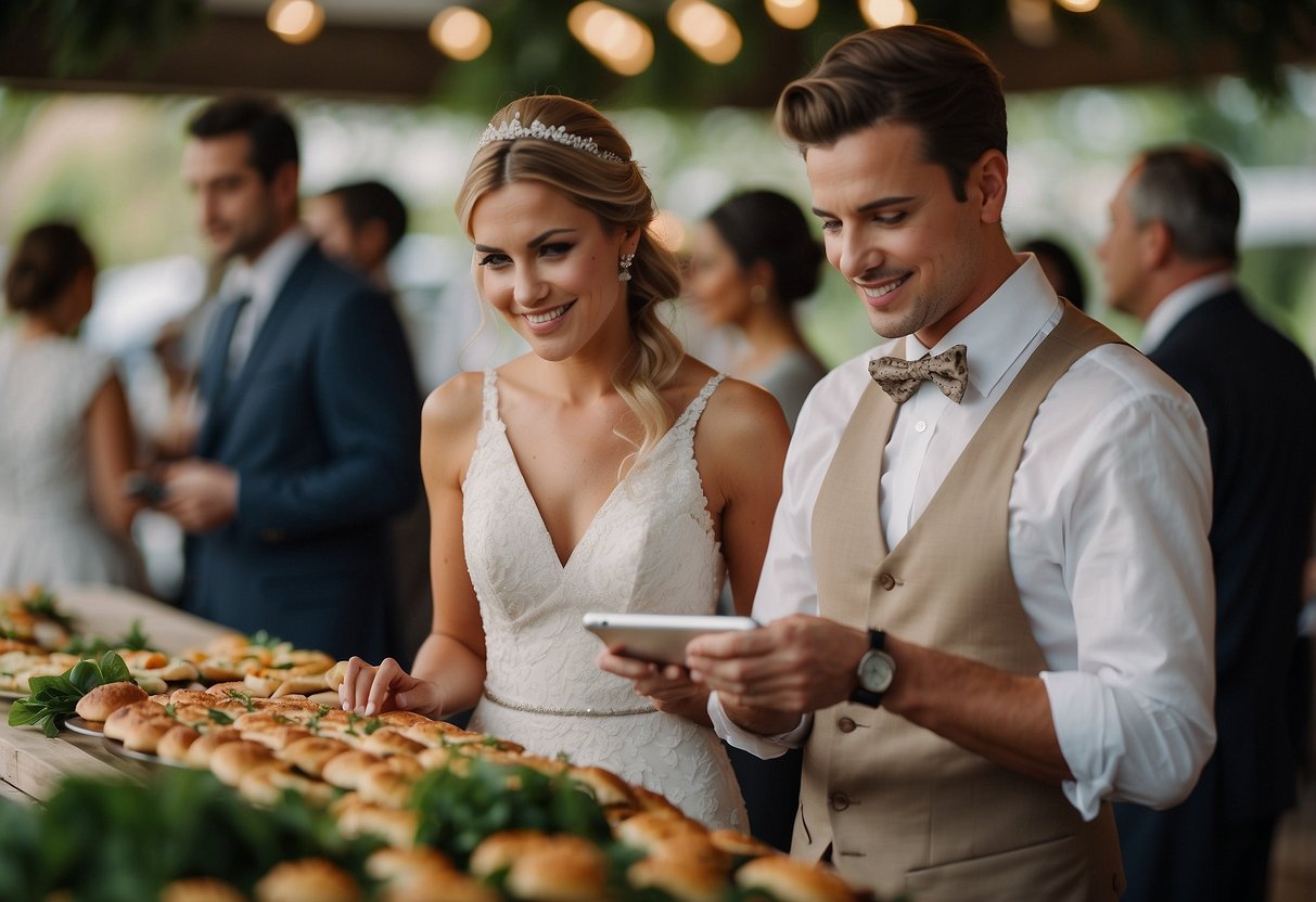 A bride checks guest count with a caterer, one month before her wedding