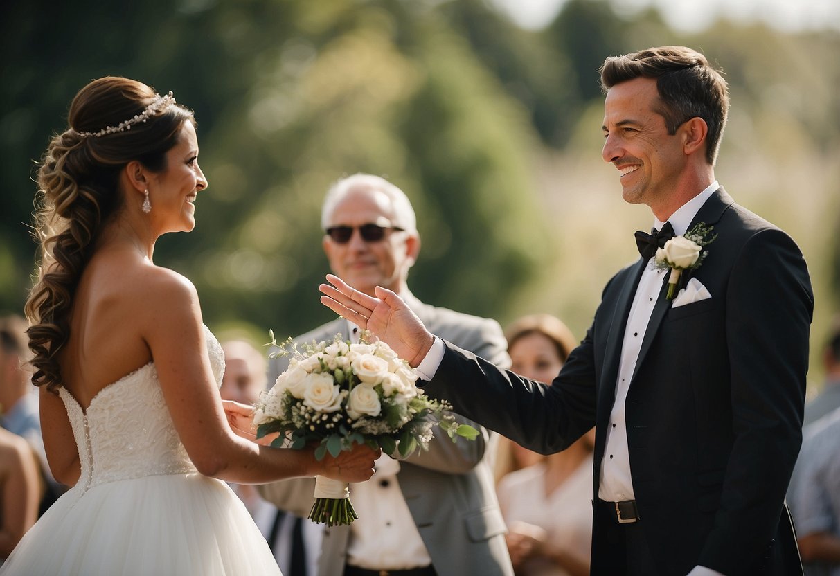 The officiant gestures to the couple, indicating who will read their vows first