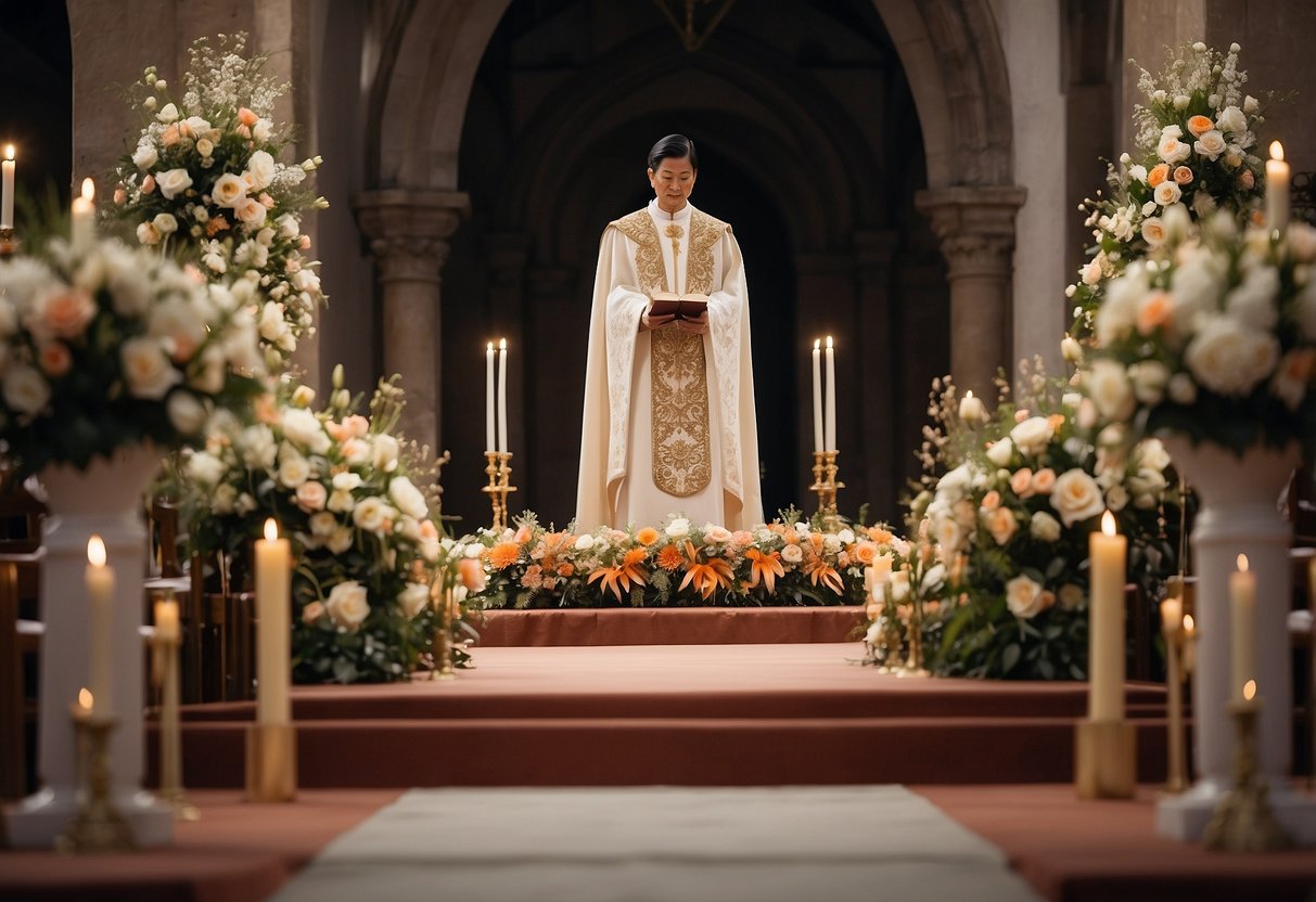 A figure in a traditional order standing at the altar, reading vows