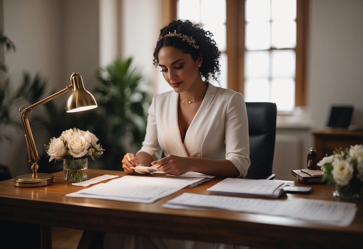 A bride sits at a desk with a calendar, checklist, and phone. She is making final arrangements for the wedding, such as confirming vendors and organizing transportation