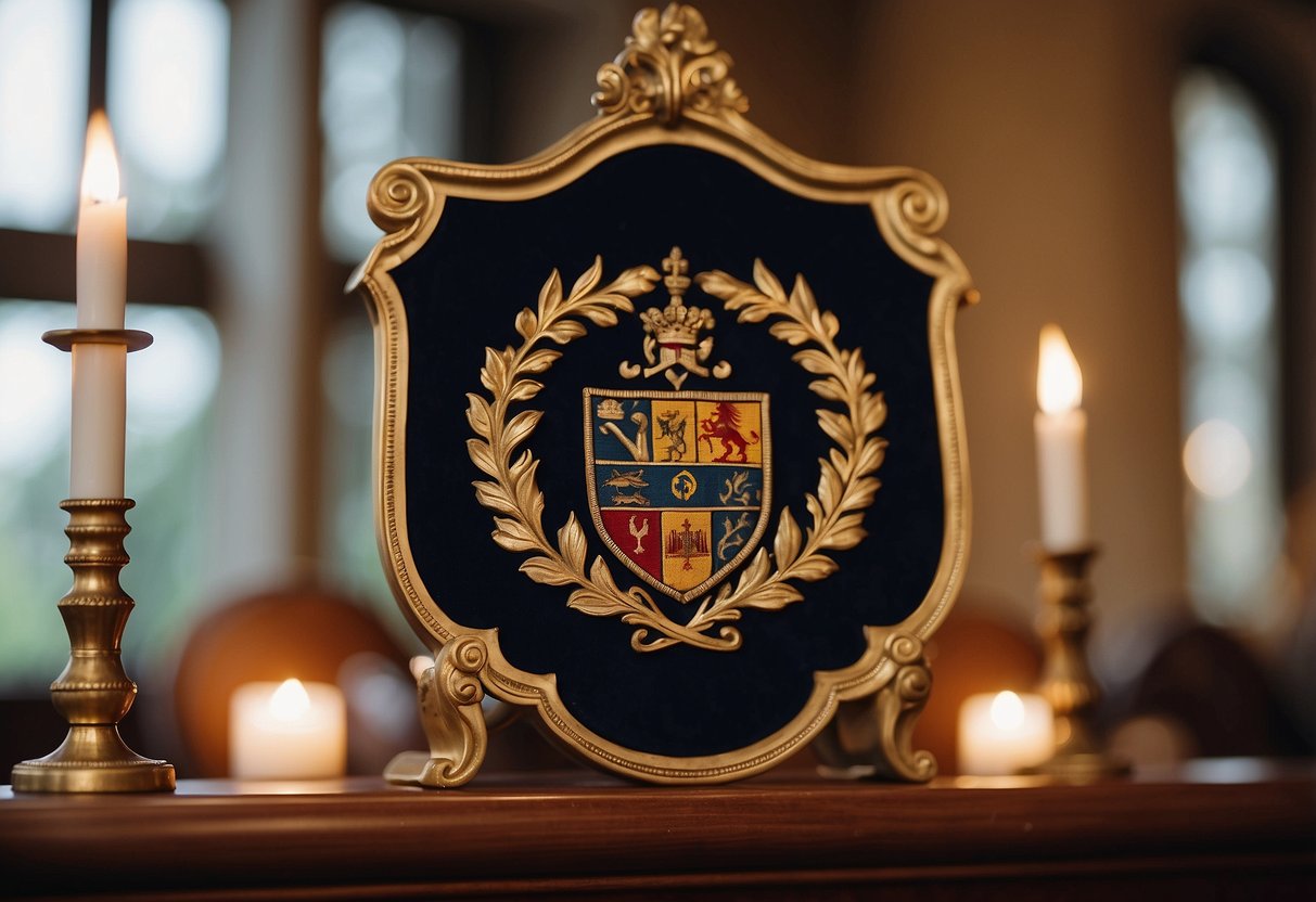 A family crest hung above the fireplace as the groom's parents stood beside it, ready to recite their vows first