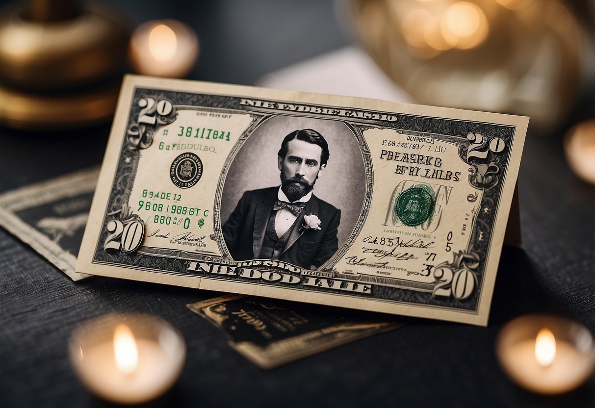 A wedding card with $20 bill inside, surrounded by distant relatives