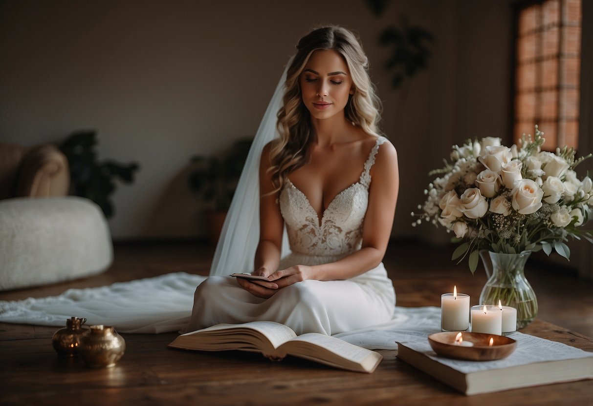 A serene bride sits with a journal, meditating on her upcoming wedding. A calendar and checklist lay nearby, as she visualizes her perfect day