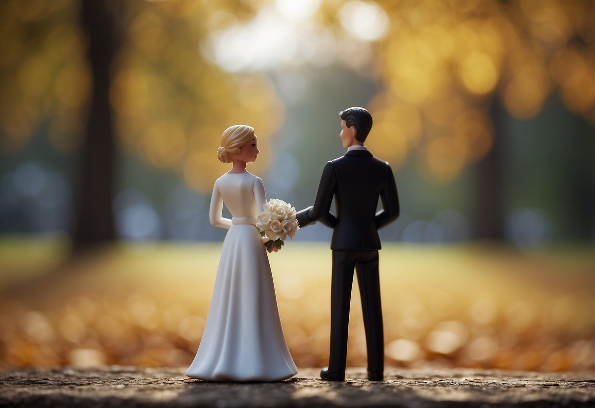 Two figures stand facing each other, one holding a set of vows. They both nod in agreement before the figure with the vows begins to speak