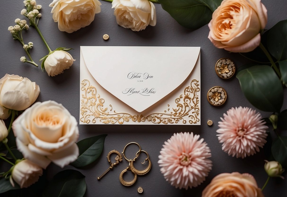 A wedding card with elegant calligraphy and a decorative envelope, surrounded by flowers and a gift box