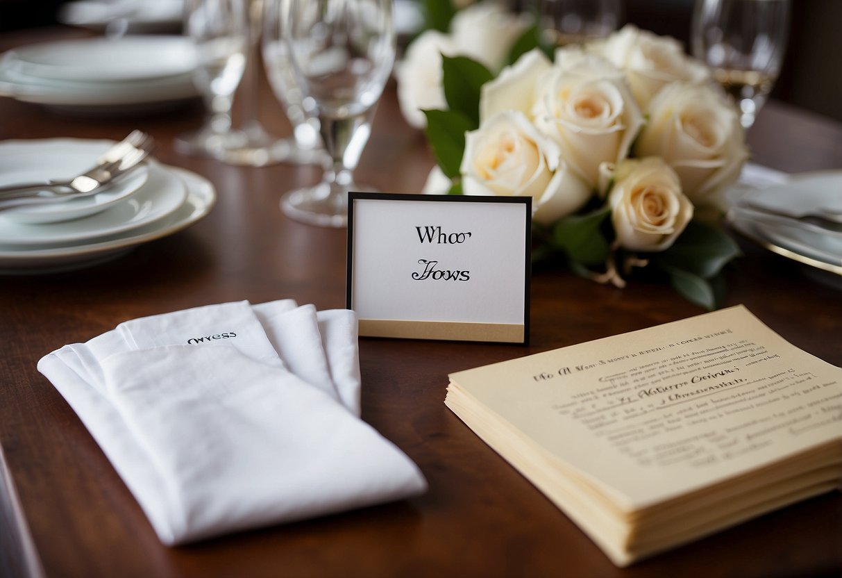 A table set for two, with two sets of vows displayed. A note with "Who reads first?" written on it