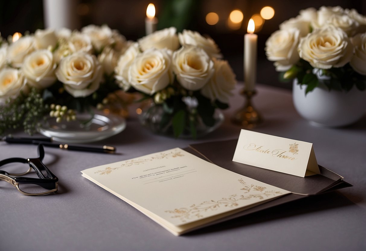 A table with a wedding card, pen, and envelope. A calculator and list of attendees nearby. Flowers and decorations in the background