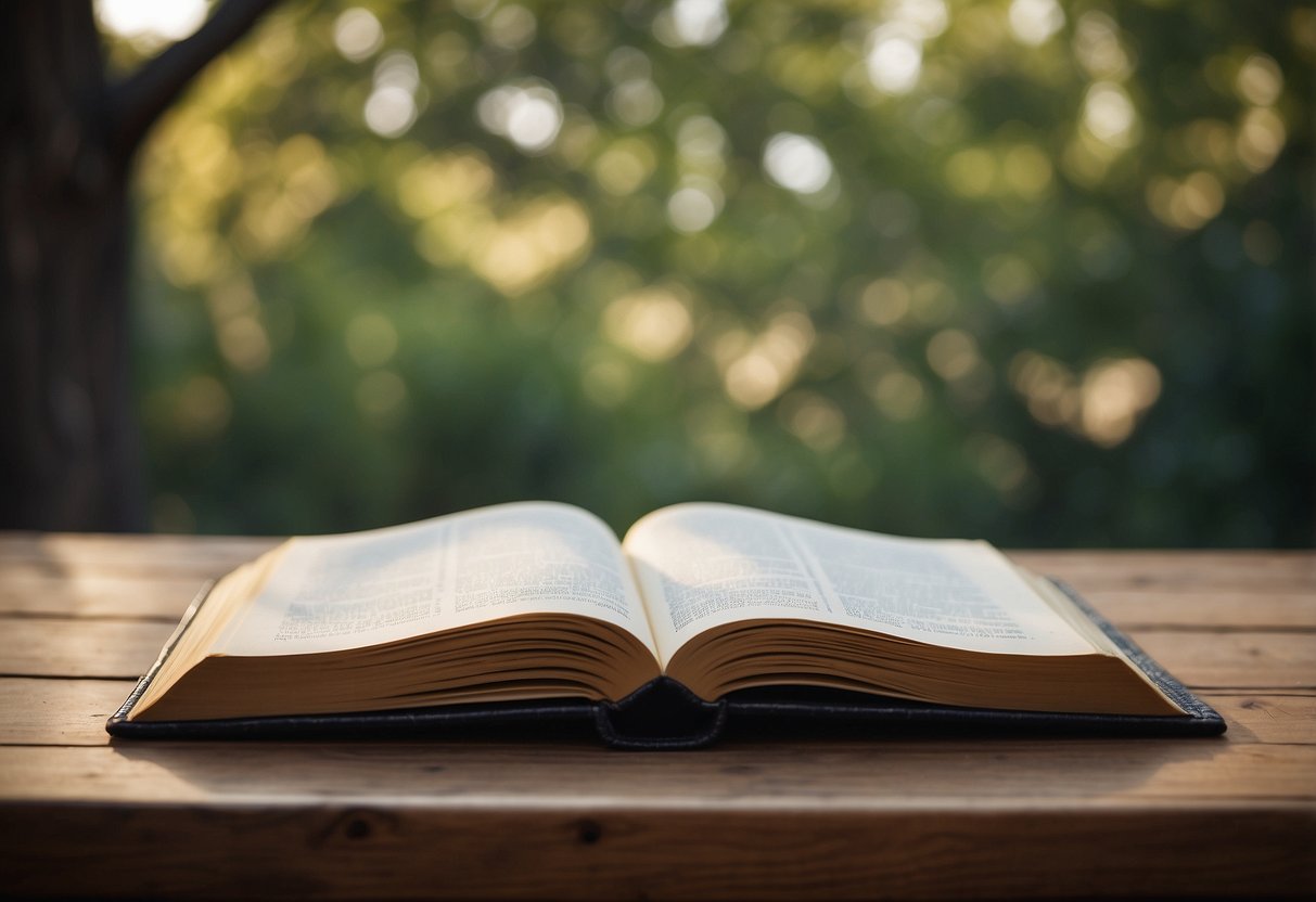 A pair of open books, one slightly larger than the other, sit on a wooden table. The pages are turned to a section marked "vows."