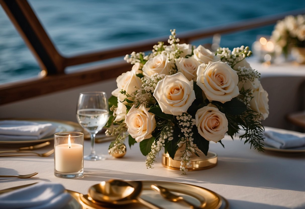 A luxurious yacht adorned with elegant floral arrangements, flowing drapery, and twinkling lights, creating a romantic ambiance for a wedding celebration at sea