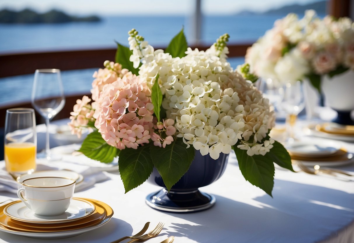 Floral centerpieces featuring hydrangeas adorn the tables, adding a touch of elegance to the yacht wedding decorations