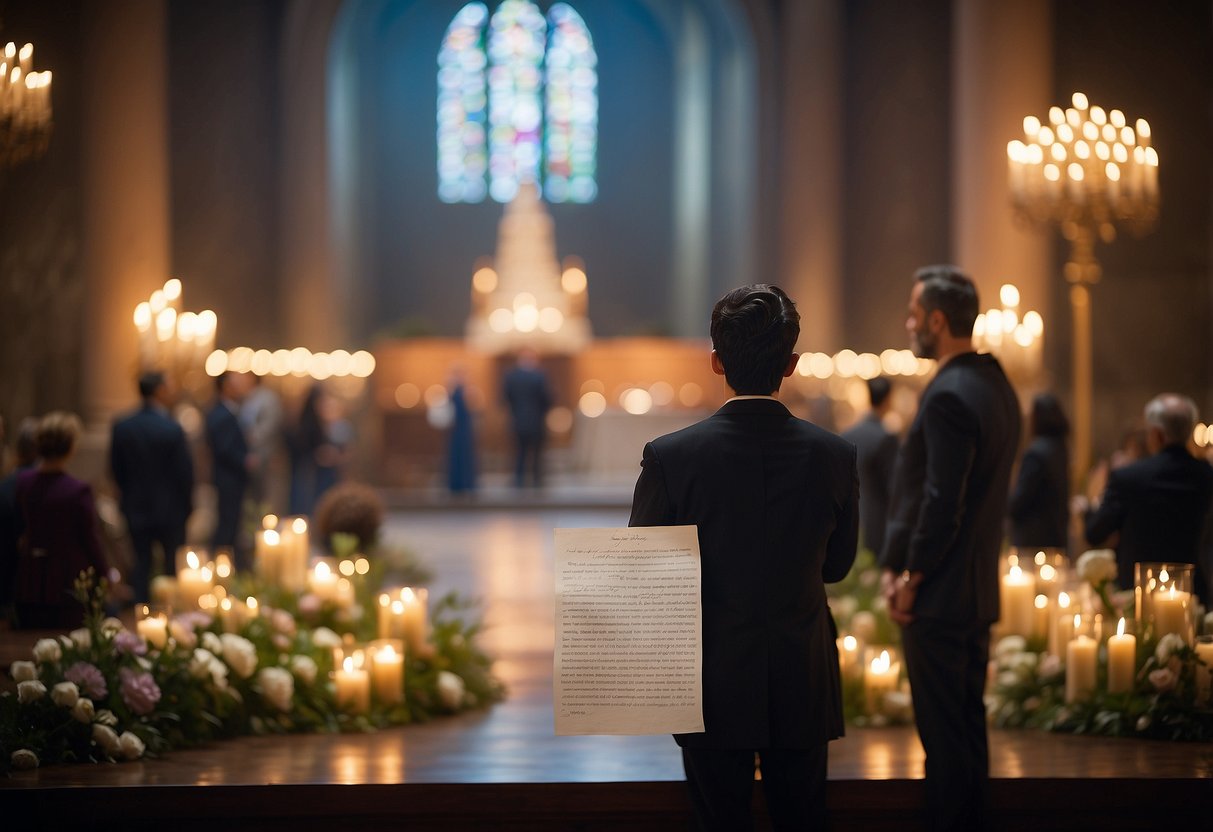 A person stands at an altar, holding a piece of paper with vows written on it. Another person faces them, waiting to hear the words