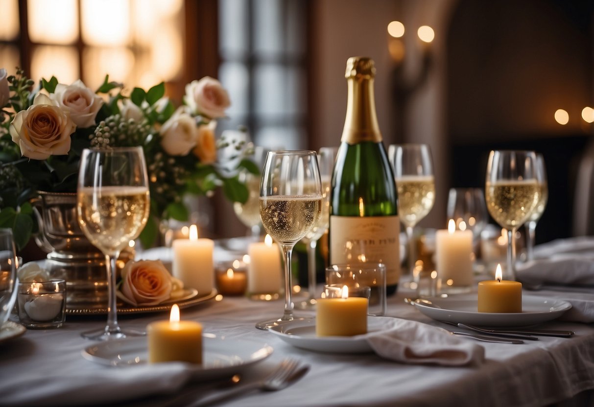 A romantic dinner setting with candles, flowers, and a bottle of champagne on a beautifully decorated table