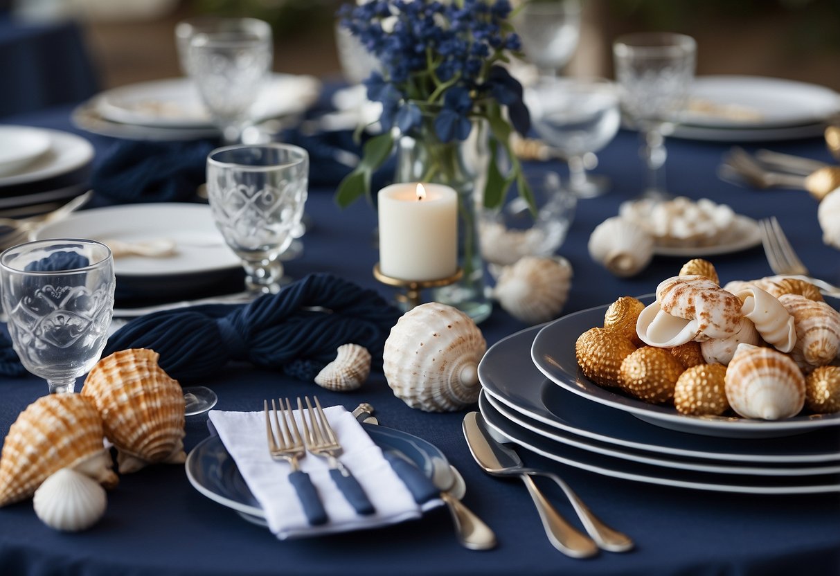 A table set with nautical-themed decor: navy blue tablecloth, white sailor knots, seashell centerpieces, and anchor-shaped place cards