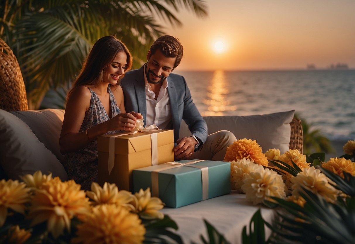 A couple opens a gift box revealing tickets to an exotic destination, surrounded by tropical flowers and a romantic sunset